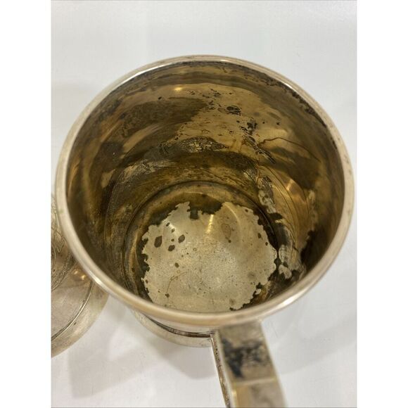 Antique Pair Silverplate British Stein Tankard Hand Etched Lion Crest Guild - Picture 8 of 15